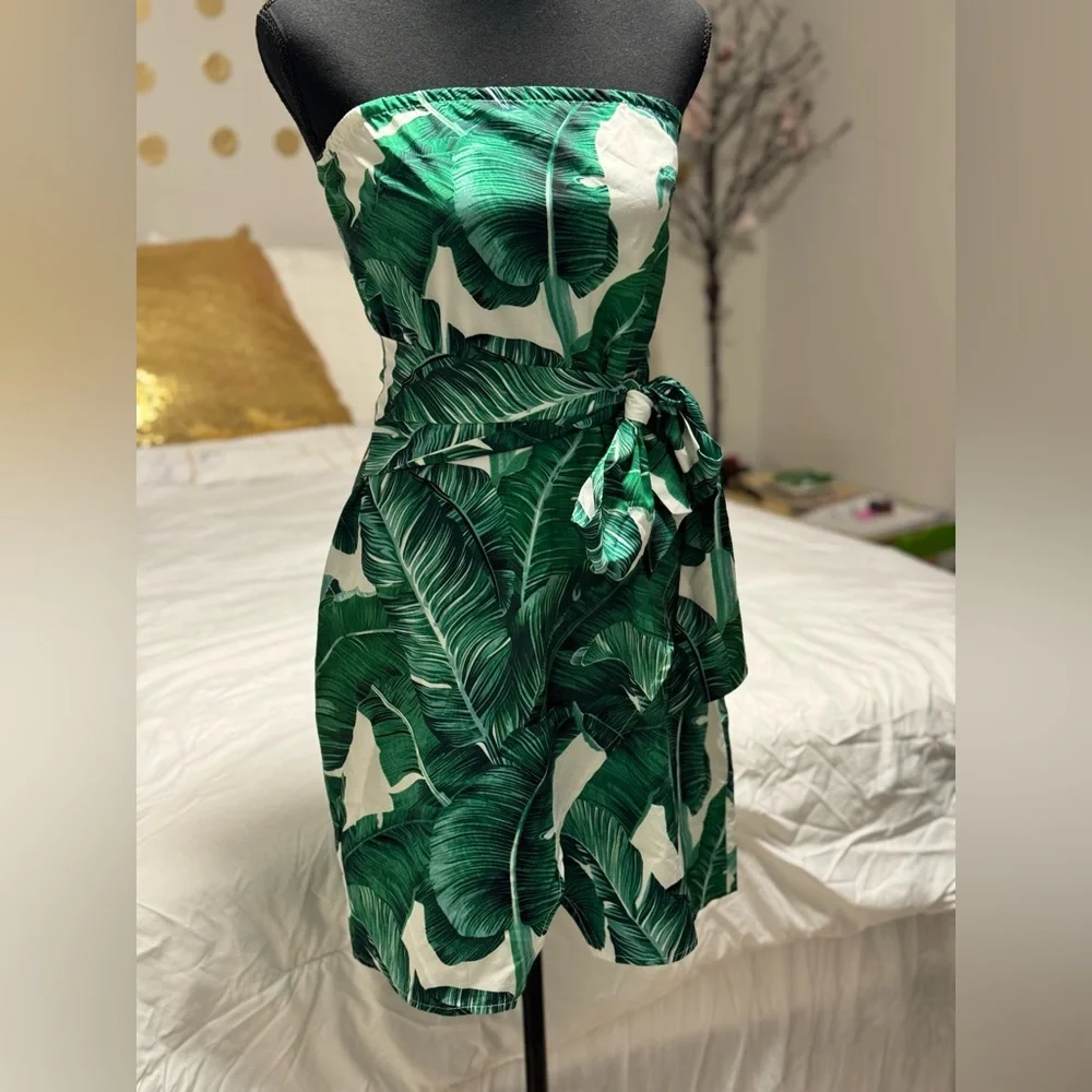 Green&White Palm Print Tie Waist - Picture 2 of 9